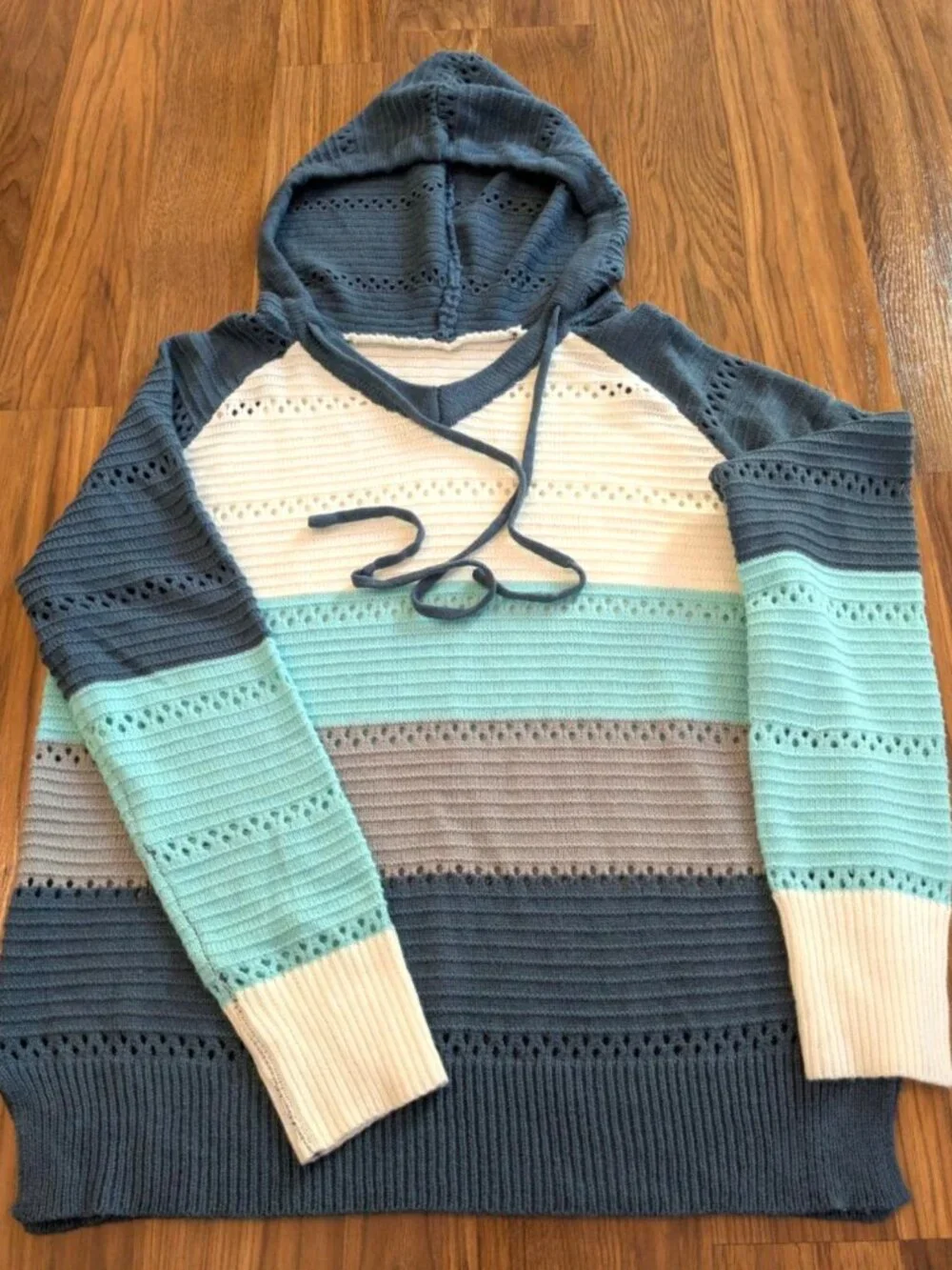 Boho Color Block Knit Hoodie Sweater Soft Cozy Lightweight Pullover Top Medium